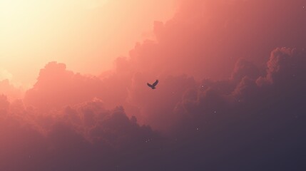 Silhouetted bird soaring in sunset