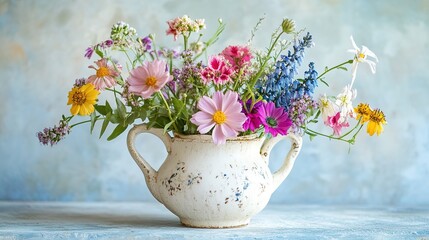 Colorful Blooms in Rustic Vase Arrangement