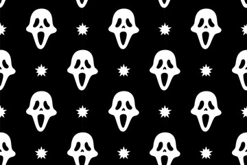skull face with star seamless pattern background for print on textile, wrapping,banner, card. bogeyman face, scary ghost old school pattern on black background. groovy white spooky ghost face pattern