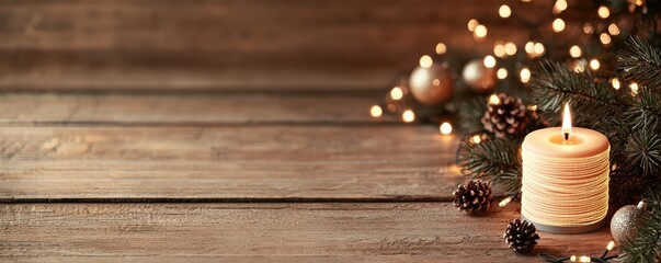 A warm, cozy scene featuring a candle, pine cone, and festive lights that evoke the holiday spirit and winter ambiance