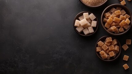 Obraz premium Cane sugar, refined sugar cubes, and candy in bowls on a black backdrop, with space for text or branding.