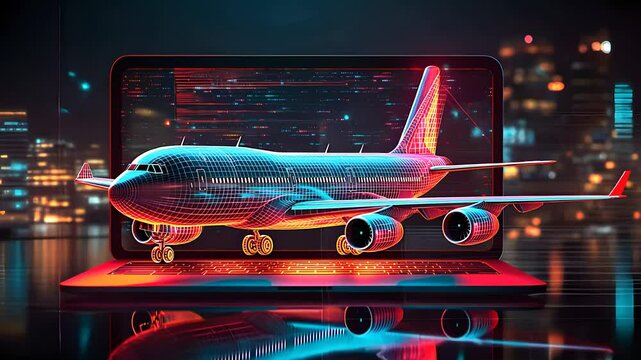 3D Airplane Model Emerging from Laptop Screen in Futuristic Digital Environment

