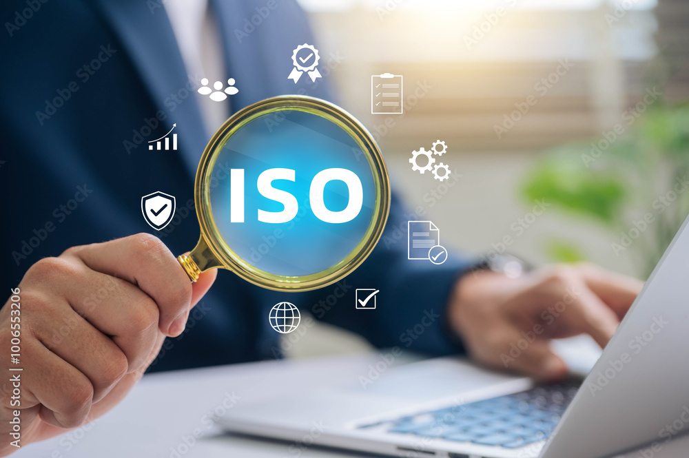 Leinwandbilder ISO certification review and quality assurance process, Close-up of a business professional using a magnifying glass to review ISO certification, focusing on compliance and quality assurance.