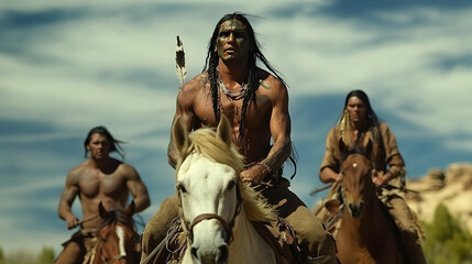 A fearsome Apache warrior, adorned with traditional war paint and feathers, riding a horse through a rugged desert landscape under a dramatic sky. Apache warrior riding through the desert.


