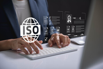 Digital ISO certification and compliance management, Business professional managing ISO...