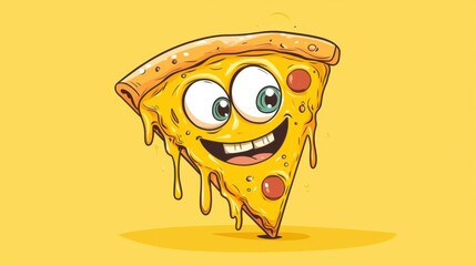 Animated pizza slice character with a cheerful expression and dripping cheese on a vibrant yellow background.