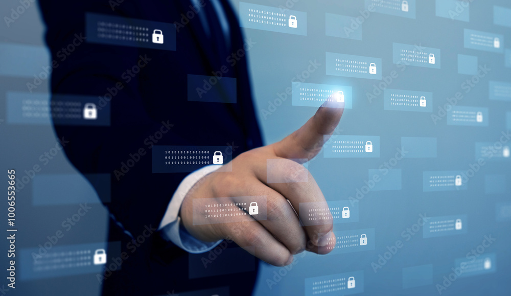 Poster protecting herself from cyber attacks and personal data.cyber security network protection concept. p