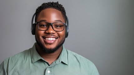 A young customer service representative is smiling warmly while wearing a formal shirt and headset. The friendly demeanor conveys professionalism and approachability