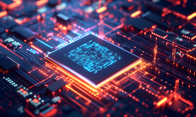 Obraz premium Futuristic AI Chip with Neon Circuits and Dynamic Data Streams in High-Tech Digital Environment