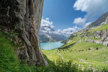 Hiking trail along the Oeschinensee Lake hike in Switzerland