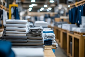 Organized and Efficient Apparel Manufacturing Warehouse with Neatly Stacked and Folded Clothing Products Ready for Business Promotion Advertising and Commercial Use
