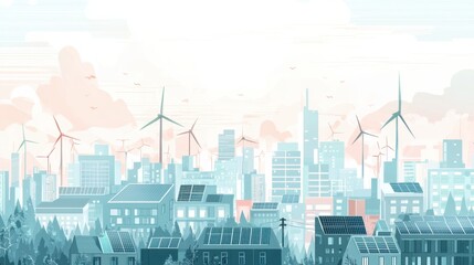 Obraz premium Futuristic cityscape with wind turbines and solar panels, showcasing sustainable urban development and renewable energy integration.