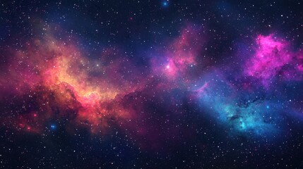 Naklejka premium Vibrant cosmic nebula with swirling colors of red, pink, blue, and purple against a starry background, creating a mesmerizing deep space scene.