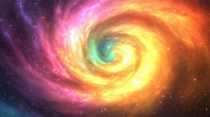 Obraz premium Vibrant spiral galaxy swirling with mesmerizing colors of purple, pink, yellow, and blue against a starry cosmic background.