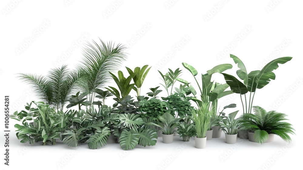 Poster 3d rendering of a group of plants raw for architectrural background use isolated on white