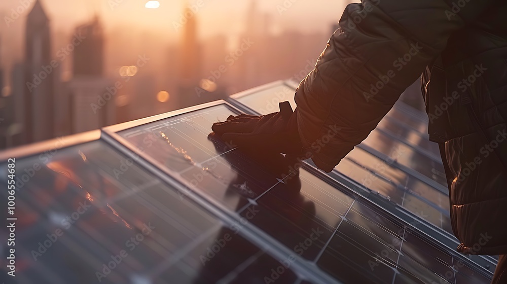 Poster engineer adjusting solar panel on rooftop with cityscape view