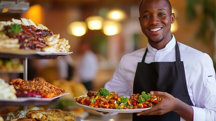 Fototapeta premium Sophisticated catering services showcased by a professional African waiter, elegantly presenting a beautifully arranged table with gourmet dishes. The waiter, dressed in a stylish uniform