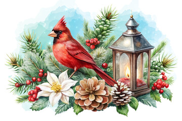 Red Cardinal Among Holiday Decorations and Greenery