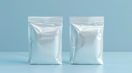 Two silver packaging pouches mockup on blue background. Retail sealed packages template advertising image. Food storage. Modern aesthetic. Zipper bags mock up product photorealistic