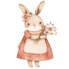 Obraz premium Cute bunny character in a floral dress holding a bouquet of wildflowers