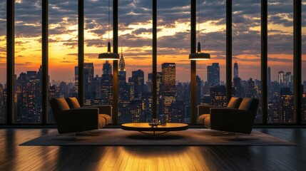 Luxurious penthouse lounge with panoramic view of city skyline at sunset, featuring modern furniture and dramatic lighting