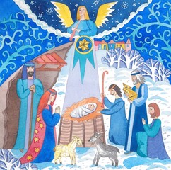 Watercolor illustration. An angel sings a Christmas song and the star shines. The shepherds came to the baby. Christmas is coming. Nice design for your print.