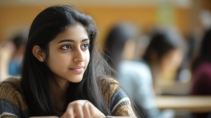 A close-up portrait of a student’s face, capturing the essence of youth and curiosity. The student has bright eyes and a warm smile, radiating enthusiasm for learning. 