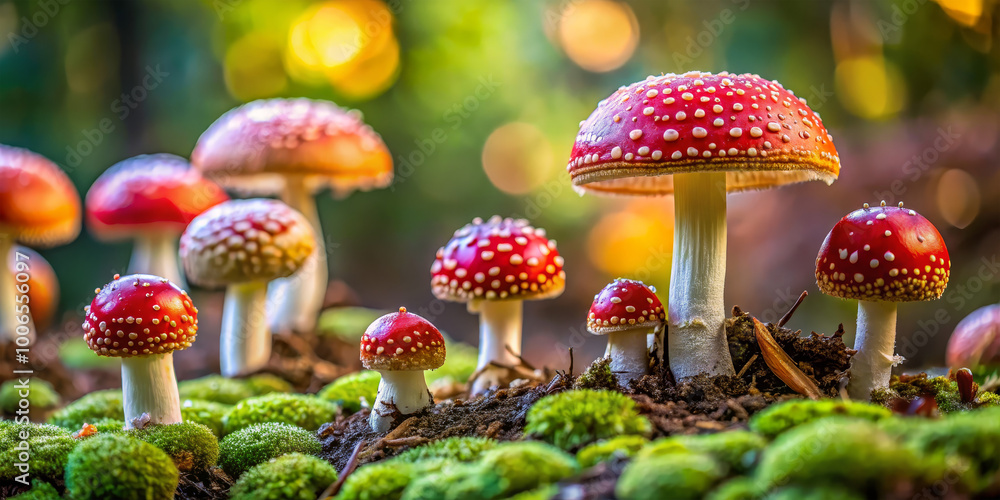 Poster clusters of bright red mushrooms stand out against a green mossy carpet in a forest. sunlight filter