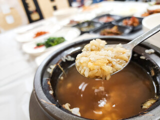 Korea food. hot pot scorched rice water