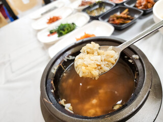 Korea food. hot pot scorched rice water
