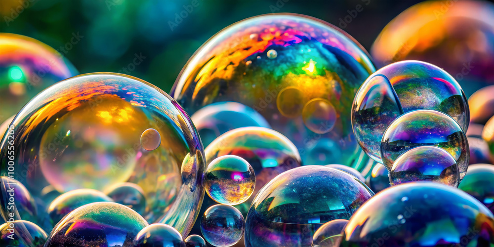 Poster multiple iridescent soap bubbles are clustered together, displaying a brilliant array of colors as s
