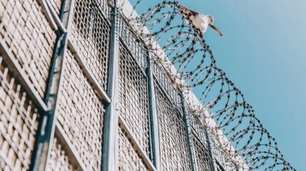 A bird perched on top of a stretch of barbed wire, contrasting nature and industrial fencing.
