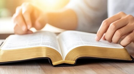 Hands gently clasped over an open Bible on a table, accompanied by a cup, conveying a moment of reflection and tranquility in soft, natural light