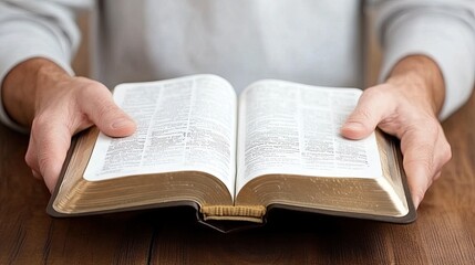 Fototapeta premium Hands gently clasped over an open Bible on a table, accompanied by a cup, conveying a moment of reflection and tranquility in soft, natural light