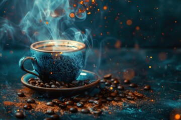 Steaming Black Coffee Cup with Roasted Beans on Rustic Wooden Table






