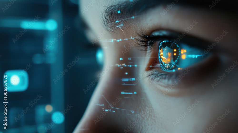 Poster image features close up of persons eye, showcasing futuristic graphical user interface reflected in 