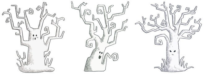 Halloween tree , cute and scary monster tree , drawing illustration . Transparent  background .