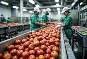 Tomato processing factory. Workers wearing green uniforms and white caps are sorting red tomatoes on the conveyor belt.