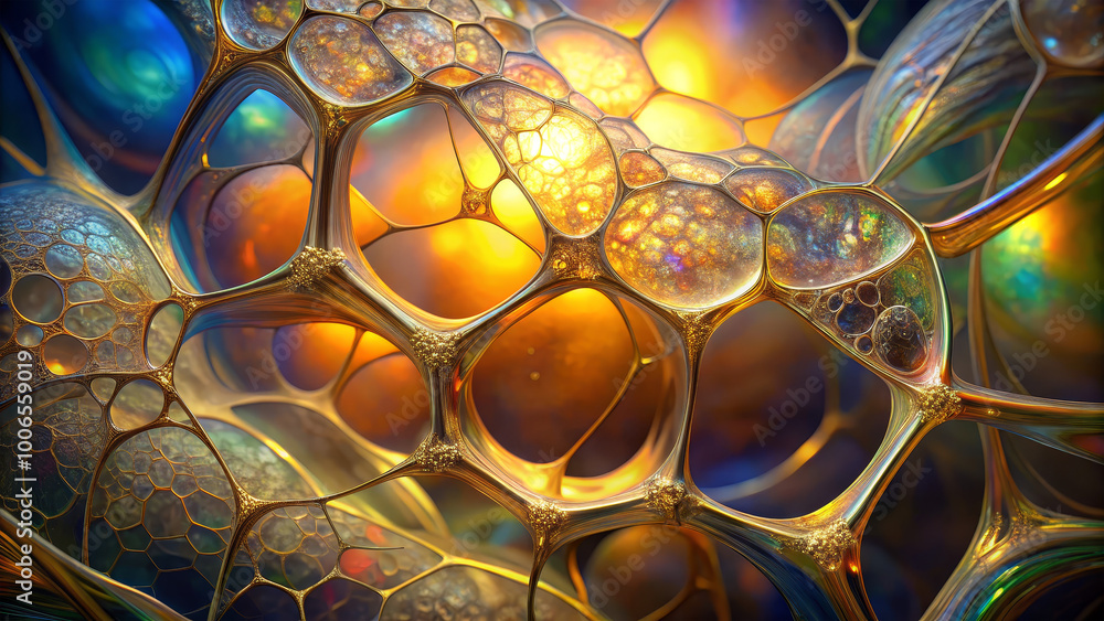Poster delicate bubbles intertwined in an elaborate structure reflect vibrant colors, creating a mesmerizin