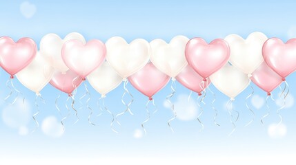 Floating heart-shaped balloons create a romantic atmosphere with a dreamy pastel color palette in the soft light of a serene sky