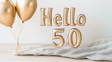 Celebrate a memorable milestone with golden Hello 50 balloons on a serene backdrop perfect for any birthday celebration