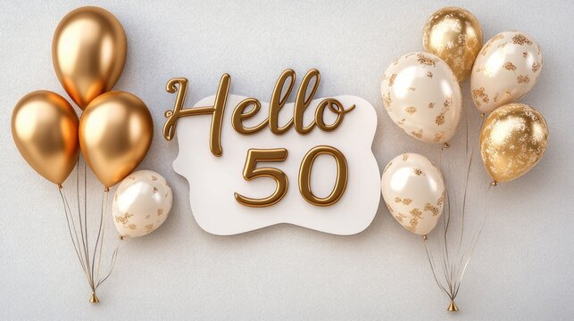 Celebrate a memorable milestone with golden Hello 50 balloons on a serene backdrop perfect for any birthday celebration - Powered by Adobe