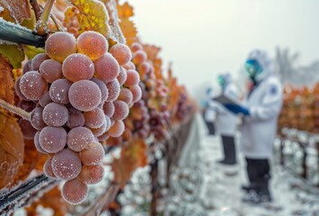 Frosty grapes on the vine. A cluster of frozen grapes covered in frost hangs among autumn foliage with a house in the background.