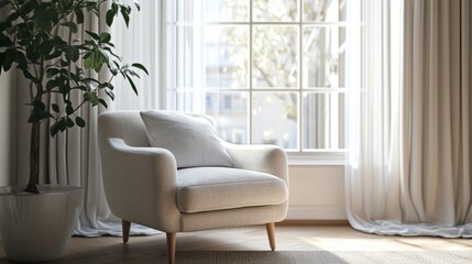 Digital rendering of a cozy armchair in a modern living room, positioned by clear windows that brighten the interior.