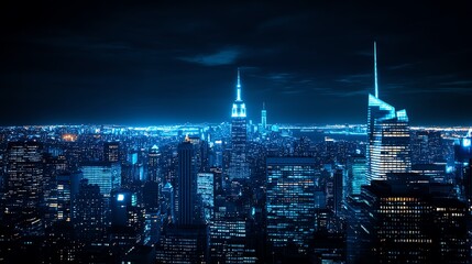 Urban skyline lit in blue lights for World Diabetes Day, Citywide Diabetes Awareness, civic engagement and healthcare initiatives