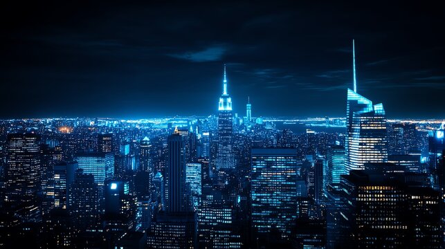 Urban skyline lit in blue lights for World Diabetes Day, Citywide Diabetes Awareness, civic engagement and healthcare initiatives
