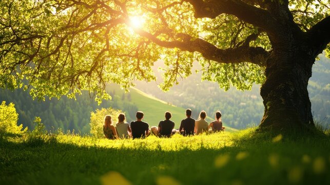 A psychologist leading a discussion on mindfulness-based stress reduction techniques. Group of people enjoying nature under a tree on the grassy landscape no a sunny day