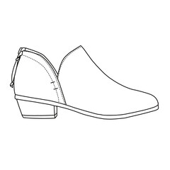 Women's Zipper Booties Heel Ankle Boots Buckle Strap Shoes Line art, Technical sketch hand drawing outline vector doodle illustration side view isolated on white background