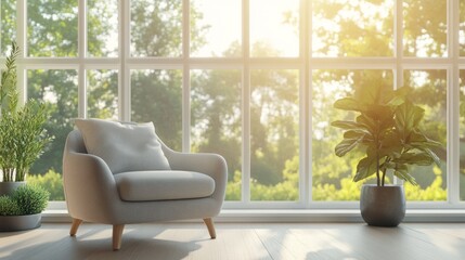 Digital visualization of a comfortable armchair in a chic living room, framed by clear windows that showcase a bright view.