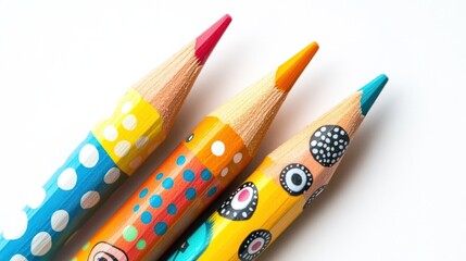 Obraz premium A collection of three adorable pencils with playful graphics, isolated against a bright white backdrop for visual interest